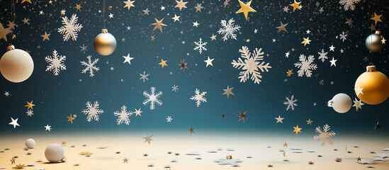Fototapeta premium Abstract 3D Render of Floating Snowflakes, Stars, and Baubles with Gradient Background, generative ai