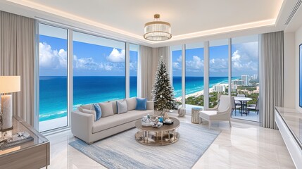 Beach house living room with subtle holiday decor and a small Christmas tree, coastal holiday theme, 3D illustration