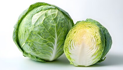 Fototapeta premium Whole Cabbage and Cabbage Wedge Displaying Leaves