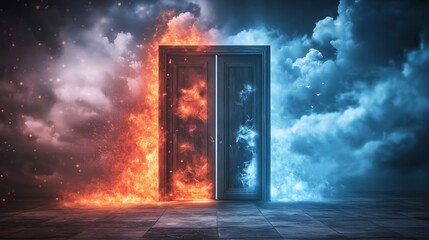 Ancient stone archway leading to a mystical otherworldly realm illuminated by fiery flames and surrounded by dark clouds, with cinematic lighting and photorealistic effects, creating a mysterious and 