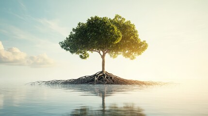 Mangrove tree with sprawling roots submerged in water, vibrant 3D illustration showcasing coastal ecosystem dynamics