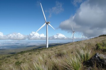 Wind Turbines on Grassy Hillside Against Cloudy Sky
