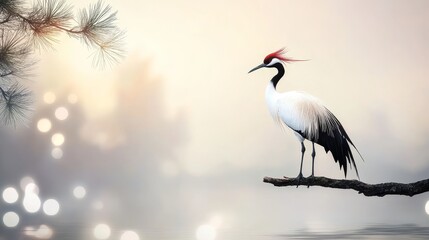 Obraz premium Elegant crane perched on a pine branch, ethereal atmosphere, intricate details, serene nature scene, vivid colors and textures, captivating illustration
