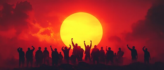 Fototapeta premium A stunning orange sunset illuminates a group of silhouetted people with raised fists, symbolizing unity and empowerment in a dramatic atmosphere