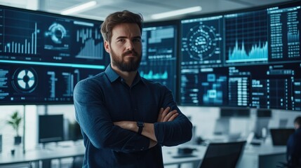 Fototapeta premium Very realistic photo of an AI developer explaining industry trends in a bright office space with large digital screens Financial graphs and statistics on AI investments dominate the background,