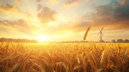 Serene rural landscape, golden wheat fields, distant windmill, late afternoon glow, tranquil and idyllic setting