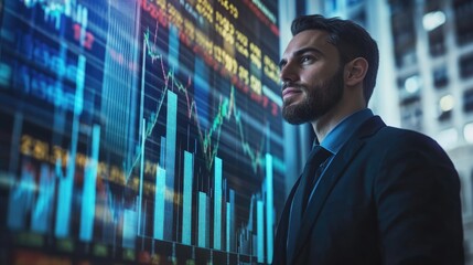 Fototapeta premium Very realistic photo of a businessman showcasing a rising bar graph, with stock market figures displayed behind him Highlighting the growth in financial performance Styled like a high-end lifestyle