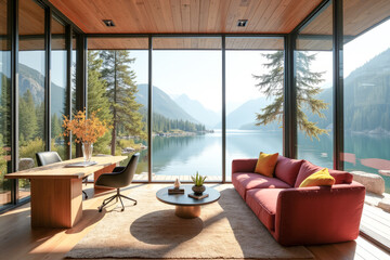 Fototapeta premium the living room in the chalet with panoramic windows and views of the mountain river