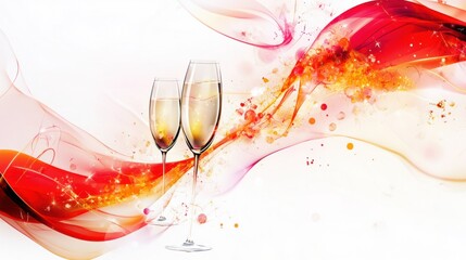 Festive abstract background with swirling ribbons and sparkling champagne glasses for New Year, isolated on white