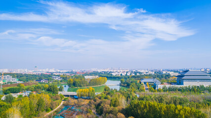 Nanyang Lake in autumn, city park scenery in Qingzhou