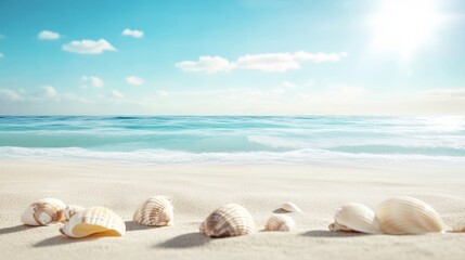 Obraz premium Tranquil Coastal Escape, serene sandy beach, gentle turquoise waves, scattered seashells, bright sunny day, vibrant 3D illustration