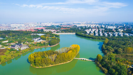 Nanyang Lake in autumn, city park scenery in Qingzhou