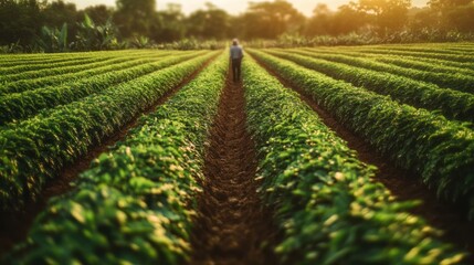 A lone figure walks down a path through a field of green plants.