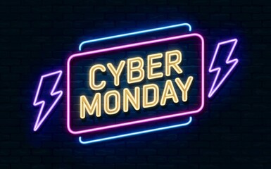 A neon sign with the text Cyber Monday in yellow, outlined in white, against a dark brick wall background. The sign is surrounded by pink and blue neon lightning bolts.