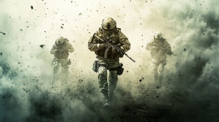 Fototapeta premium Soldiers in combat gear navigating a war-torn environment, intense atmosphere, dramatic illustration of military resilience and strategy