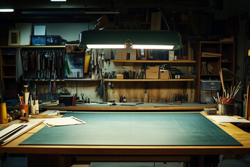 Fashion Design Studio Background with Cutting Table, Evoking Creativity and Style