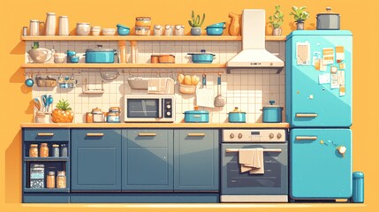 Kitchen Interior Illustration with Blue Cabinets, a Blue Refrigerator, and a Yellow Wall