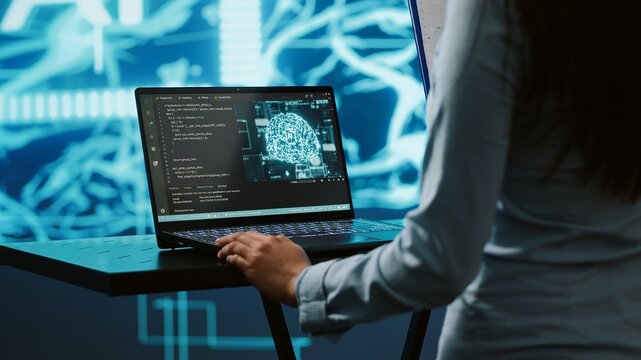 AI computer scientist using laptop for business data analysis in high tech workspace. Close up shot of Indian woman working on notebook to automatize tasks using artificial intelligence, camera A