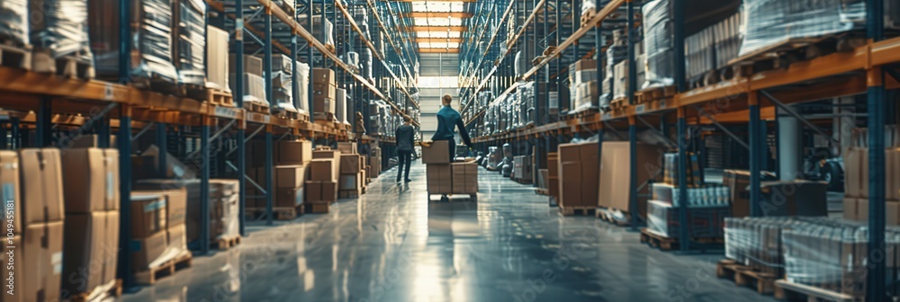 Poster employees are efficiently moving pallets and boxes through a busy warehouse filled with organized sh