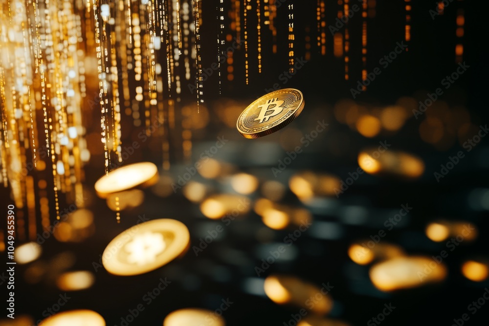 Poster a striking image of shiny gold coins cascading down against a backdrop of intricate binary code, ill