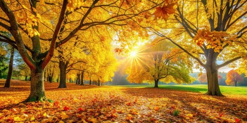Obraz premium A Vibrant Autumn Forest Scene, Bathed in the Golden Rays of the Setting Sun, with Scattered Leaves on the Ground