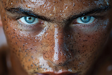 Naklejka premium Close-up of a man’s face covered in wet brown mud, his piercing blue eyes shining intensely, creating a stark contrast with his speckled skin texture