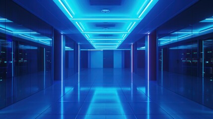Fototapeta premium Blue Neon Lit Hallway with Glass Doors Leading to Servers