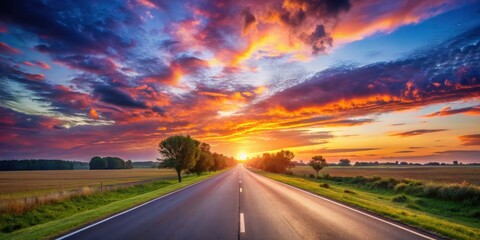 Naklejka premium A long and winding road leading to a vibrant sunrise with a fiery sky above