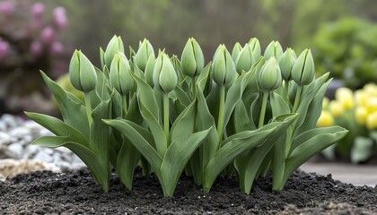 Obraz premium Lush spring garden featuring green unopened tulips, highlighting their unique shape and potential for beautiful blooms