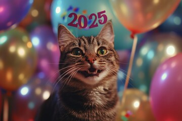 Happy Smiling Cat with Balloons and Confetti in Front of "2025" Text Background, celebration for new year