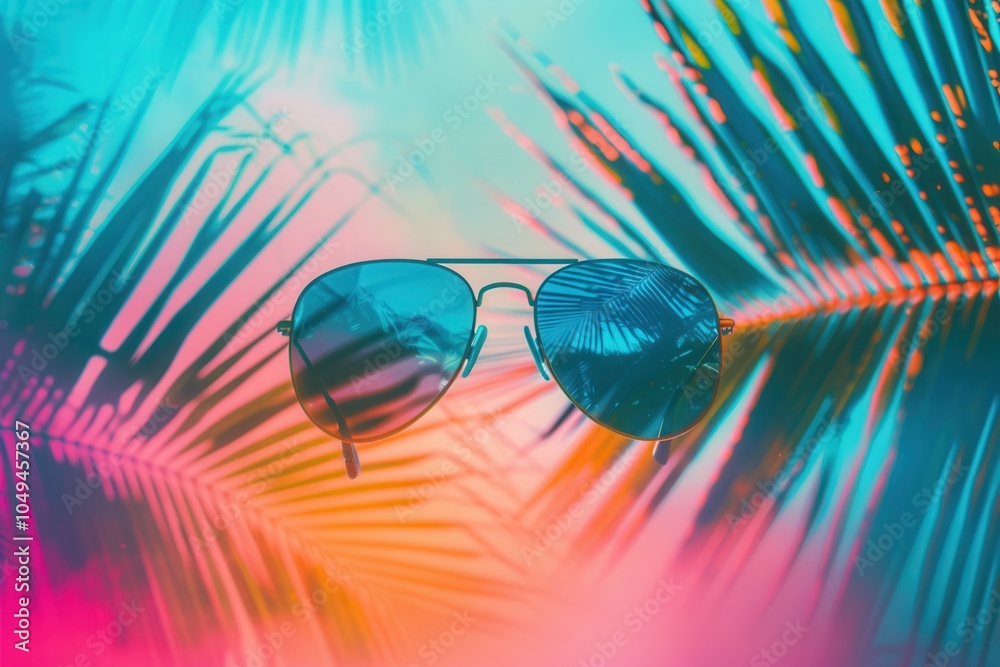 Poster bright sunglasses are showcased against a colorful beach setting decorated with palm trees, embodyin