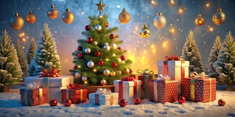 Obraz premium A Festive Christmas Tree Adorned with Ornaments and Surrounded by Wrapped Gifts in a Snowy Setting