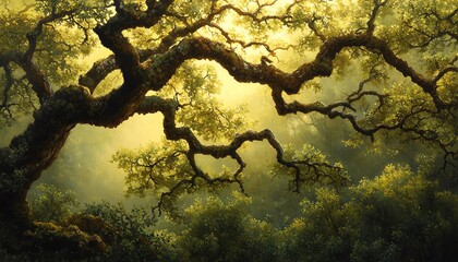 Stunning scene of oak tree branches adorned with new leaves, capturing the beauty of spring sunlight filtering through a natural setting