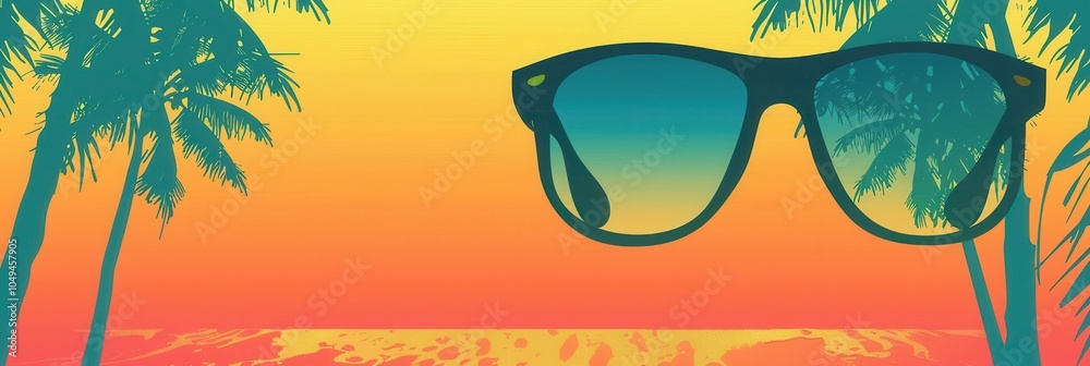 Poster a pair of sunglasses casts a shadow on a serene beach setting, framed by palm trees and a colorful s