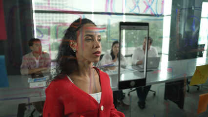 Portrait of hispanic businesswoman present start up marketing idea to investor. Female leader...