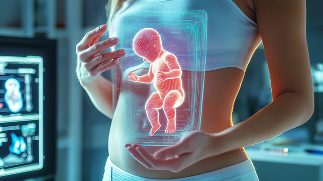 Futuristic holographic technology visualizing pregnancy and fetal development