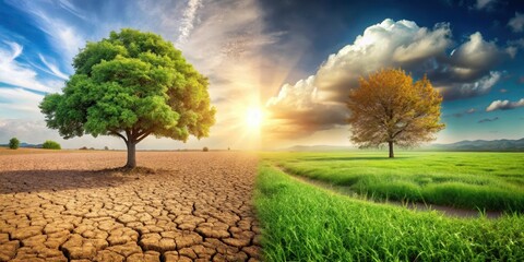 A Vivid Contrast of Nature's Opposing Forces A Lush Meadow Thrives Beside a Parched, Cracked Earth