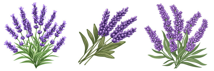 Vibrant lavender blooms in rich purple hues, collection, clipart, isolated on transparent background