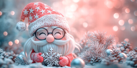 Smiling Christmas gnome in glasses with snowflake tree toy, with copy space