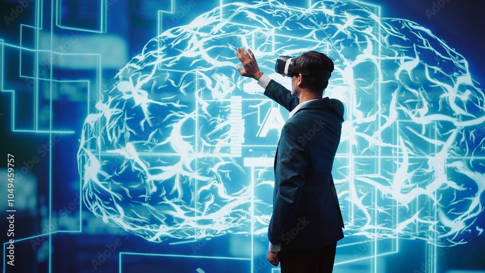 Poster developer wearing vr smart goggles working with artificial intelligence neural networks. it expert u