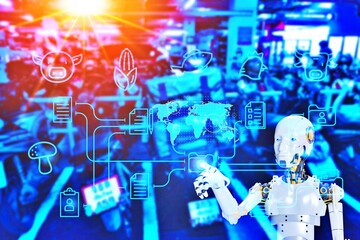 A robot is pointing at a blue and white image of a crowded a lot food delivery rider with data analytics various icons, robot software data analysis 
