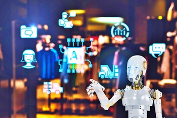 A robot is pointing at a computer screen with a lot of icons data analytics, The icons include a marketing store front data analysis,The robot is managing shop store business