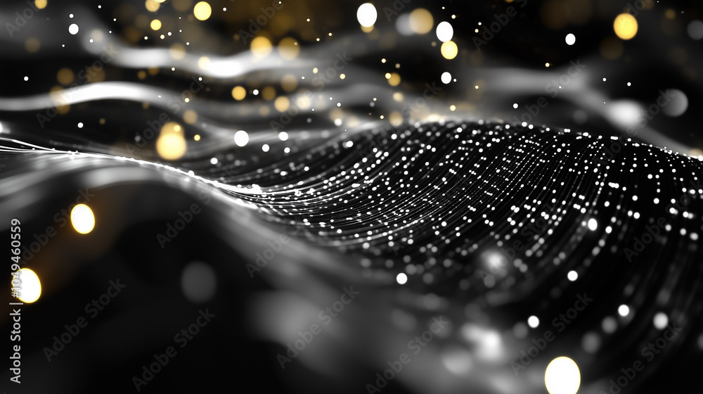 Poster dynamic data streams flow in darkness, illuminated by shimmering golden particles for a captivating 