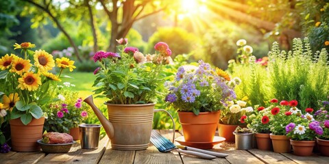 A Rustic Watering Can and a Collection of Blooming Flowers Rest on a Wooden Patio in the Warm Glow of the Setting Sun