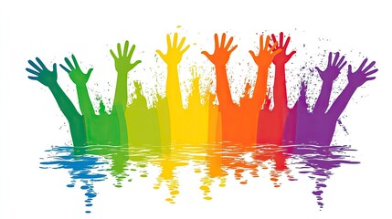 Celebration of diversity with colorful hands reaching out from water