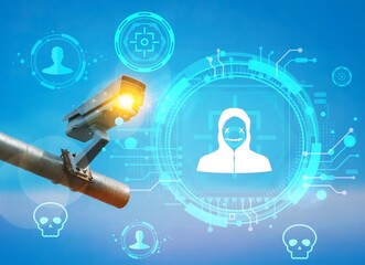 A blue circle with a man in a hoodie and a cctv camera in the center. The circle is surrounded by other circles with different images, including a skull. Concept of surveillance and danger person.