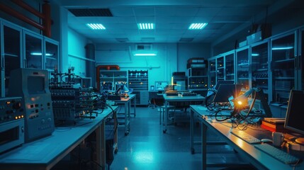 A dimly lit laboratory workspace with computers, equipment, and a desk lamp