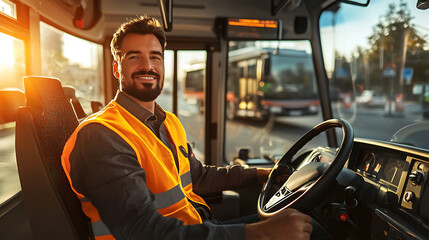 Smiling bus driver in a vibrant city at sunset