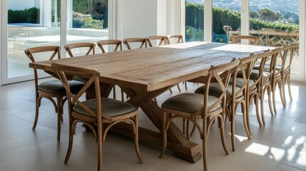 Fototapeta premium Modern Wooden Dining Table in Bright Space