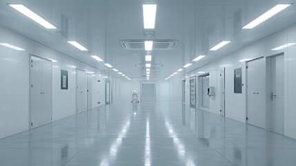 Fototapeta premium Sterile Corridor with White Walls and Doors in a Modern Facility